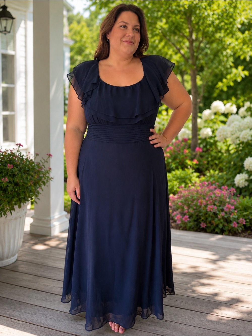 Plus-Size Navy Chiffon Maxi Dress with Ruffle Sleeves